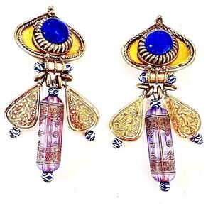 Huge vintage middle eastern style huge gold- blue glass clip back earrings